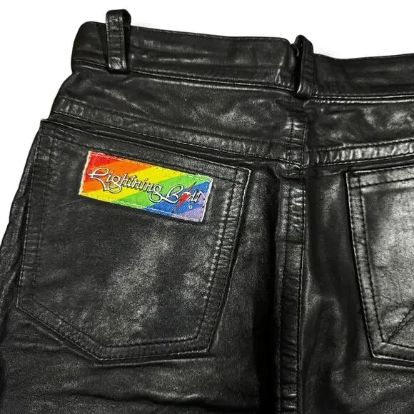 Vintage 1980s Leather Skirt Black Rainbow Patch Brazil Grunge Goth Punk Pride - Picture 7 of 8